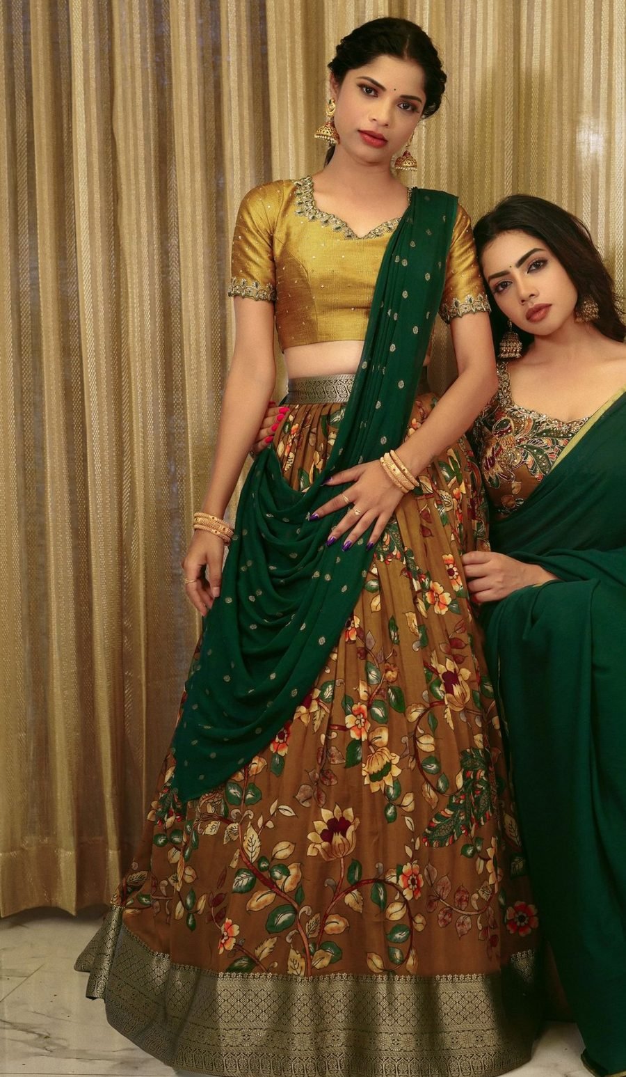 Floral lehenga set with a green dupatta